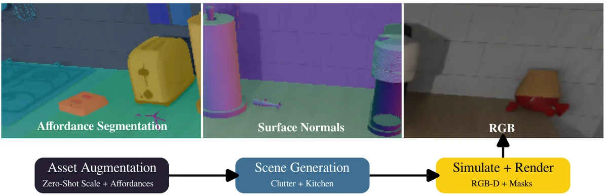 MOPS pipeline: asset augmentation, scene generation, and rendering produce affordance segmentation, surface normals, and RGB images.